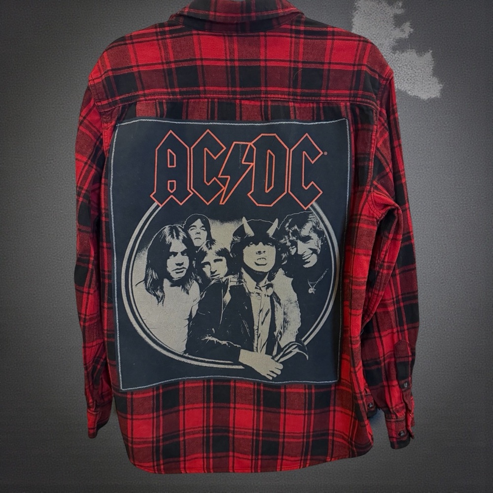 AC/DC Red and Black Plaid Button-Down Shirt with Band Back Patch